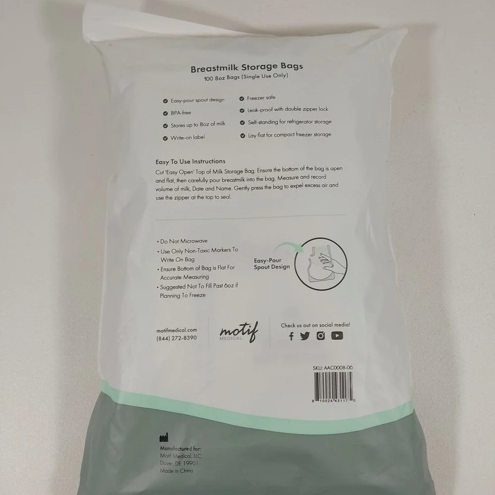 Motif Medical Breast Milk Storage Bags 8oz‎ Single Use Bags 100 count BPA-Free